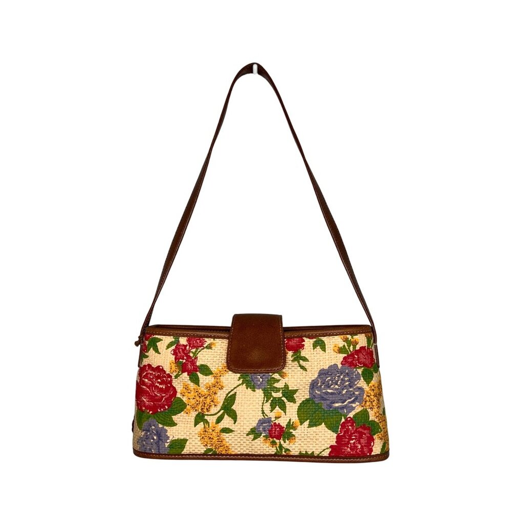 VTG Liz Claiborne Woven Floral Straw Shoulder Bag Leather Trim Pineapple Charm